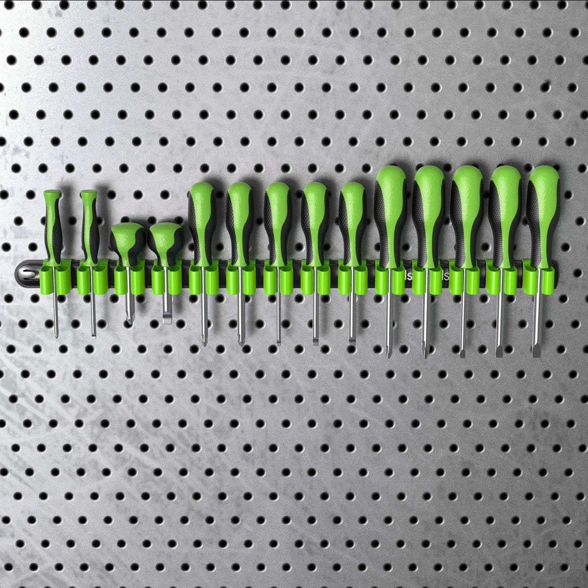 Olsa Tools Canada wall mount screwdriver organizer with multiple slots for organized tool storage on a wall.