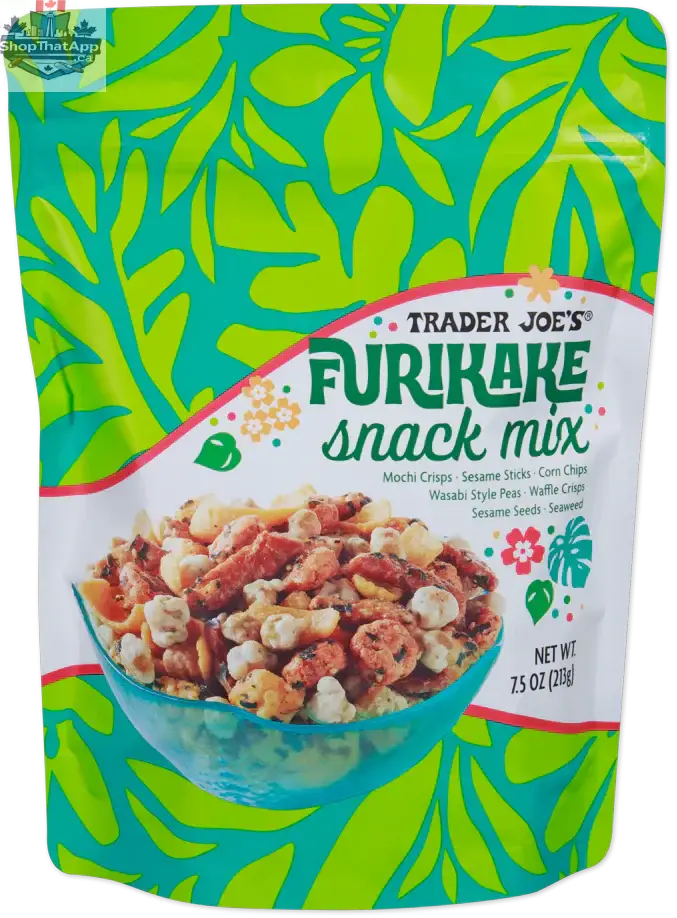 Trader Joe's Furikake Snack Mix by Vancou-Vert Trading Ltd., 213g, featuring a colorful mix of seasoned rice crackers and dried toppings.