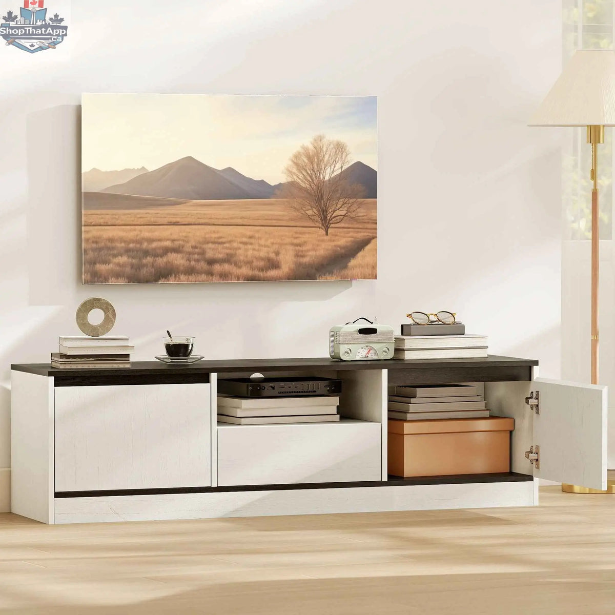 SLOTH Nation white TV stand for 55-65 inch TVs, modern living room furniture with open shelves and sleek design.