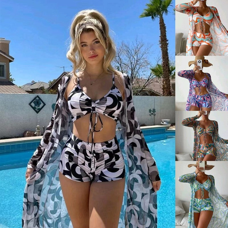 3pcs Print Bikini with Long Sleeve Cardigan for Women - Stylish Summer Beach Swimsuit Set - Shopthatapp.ca