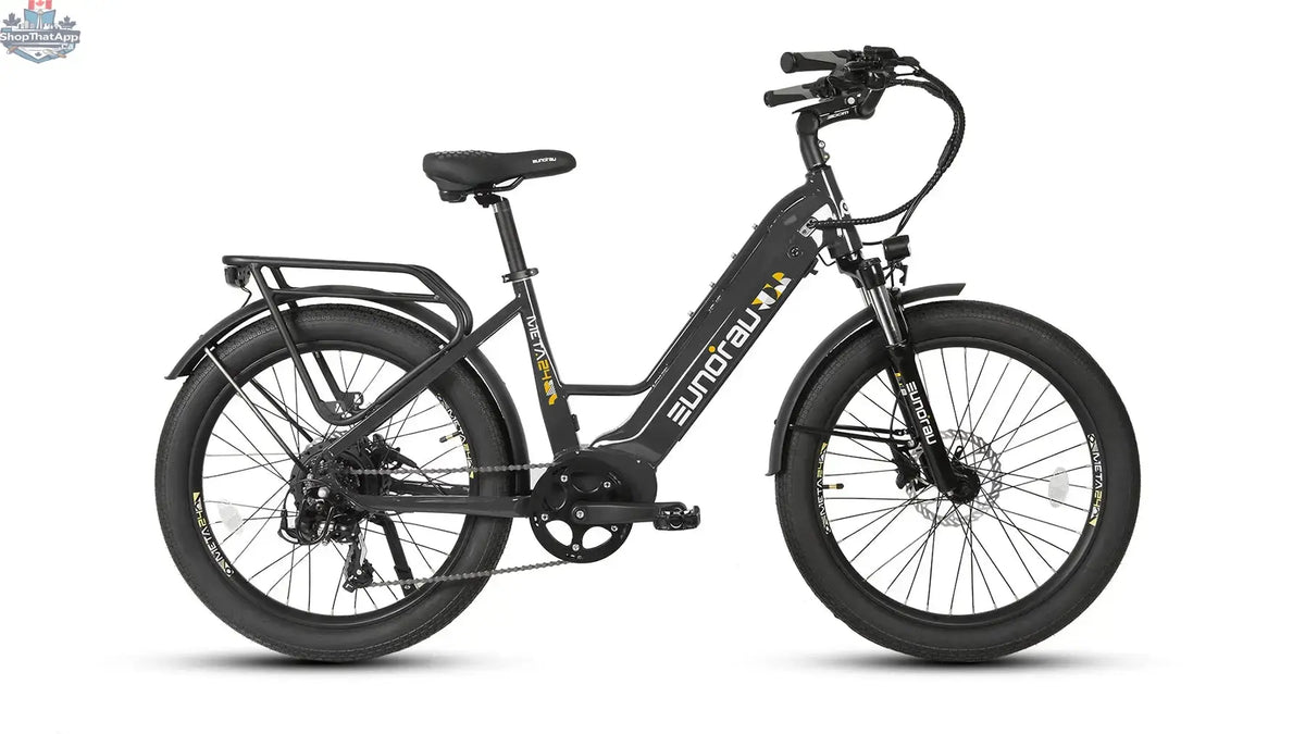 E-Vélo EUNORAU QUEBEC META24 1.0 electric bicycle with sleek frame, handlebars, and battery pack visible in the image.
