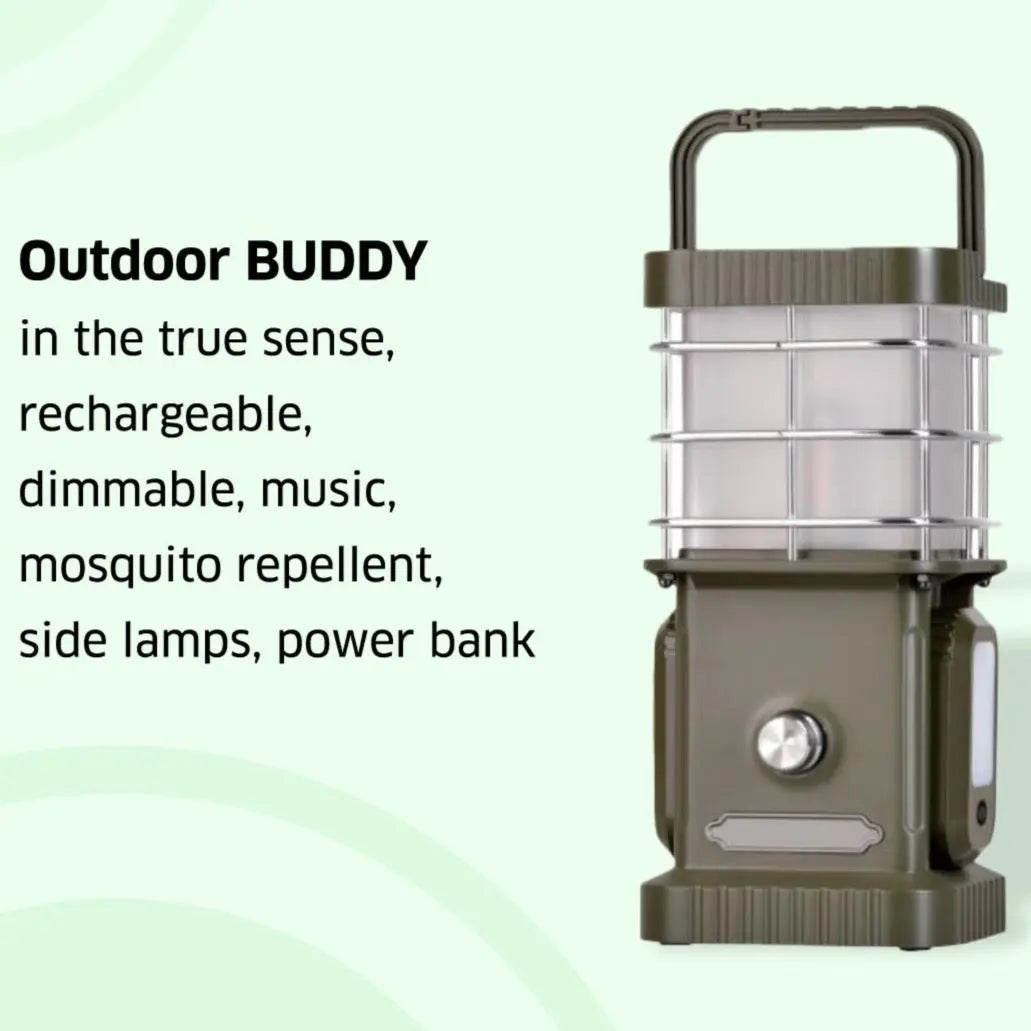 Zoppinh TRU De-LIGHT BUDDY camping lantern with dimmable LED light, built-in power bank, Bluetooth speaker, and side lamps.