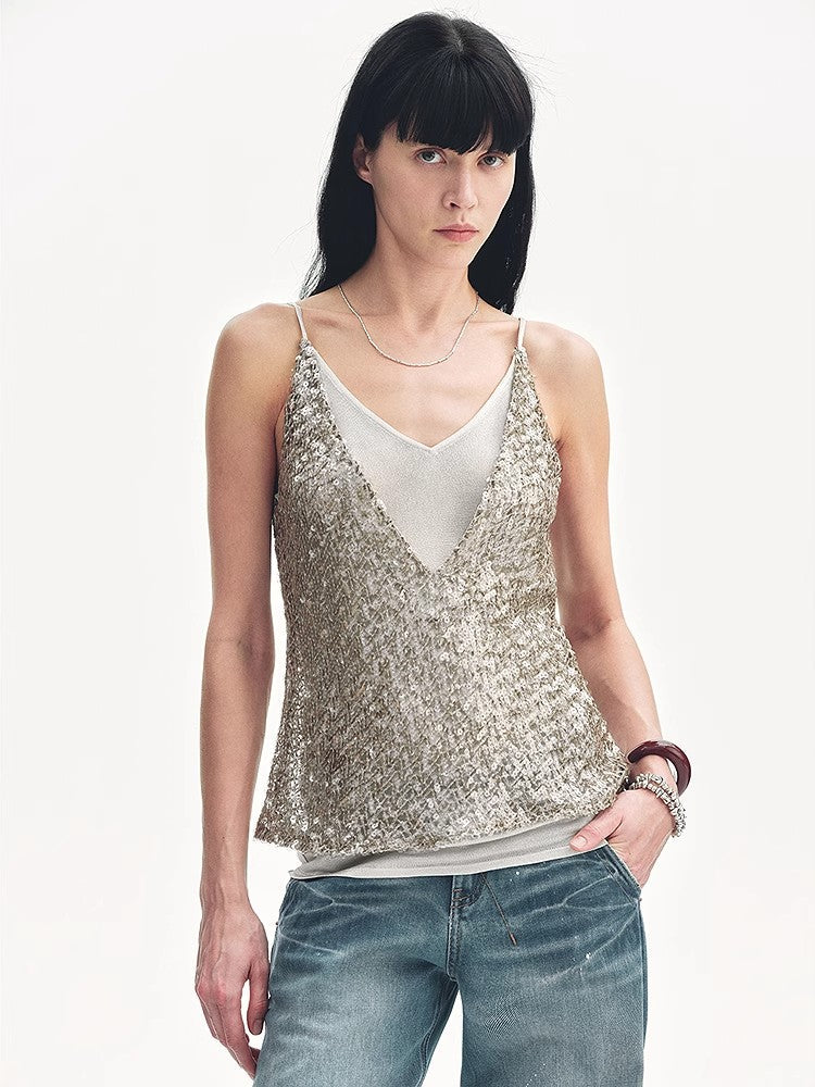 Dream Catcher Two-Piece Suspender with Sequined Net Pattern and Deep V Waist for Summer - Shopthatapp.ca
