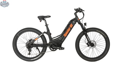 E-Vélo EUNORAU QUEBEC Specter-ST 2.0 electric bicycle parked outdoors with sleek frame and mountain bike tires.