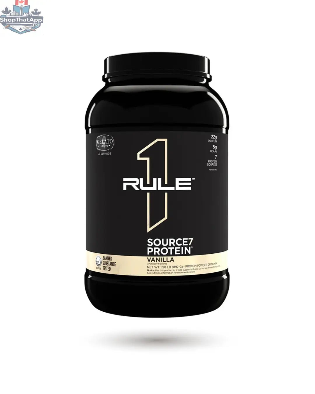 BulkBully Supplements Rule1 Protein Powder container with label displaying Source 7 high-quality protein blend, ideal for muscle support.
