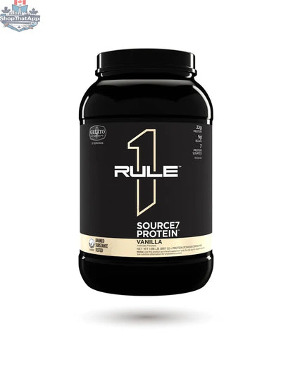 BulkBully Supplements Rule1 Protein Powder container with label displaying Source 7 high-quality protein blend, ideal for muscle support.