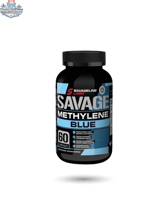 Bottle of Savageline Labs Methylene Blue Essentials supplement by BulkBully Supplements with label visible.