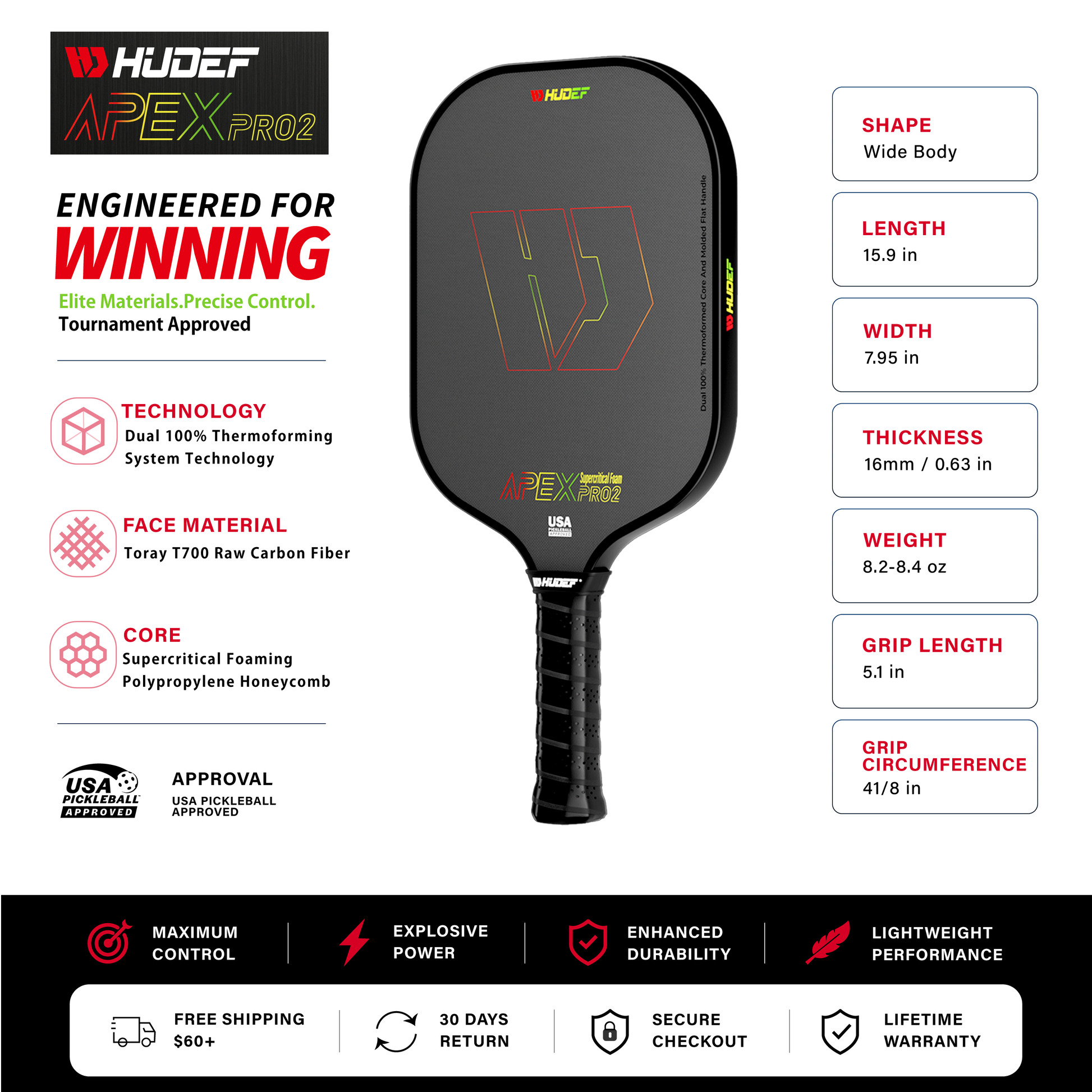 Hudef Apex Pro2 Wide Body Pickleball Paddle – 16mm - Shopthatapp.ca