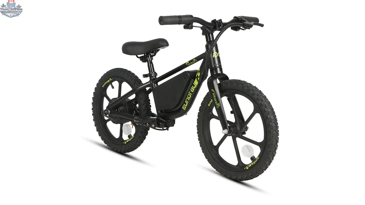 E-Vélo EUNORAU QUEBEC EKIDS16 1.0 electric bicycle with sleek frame and handlebars, ready for riding on a city street