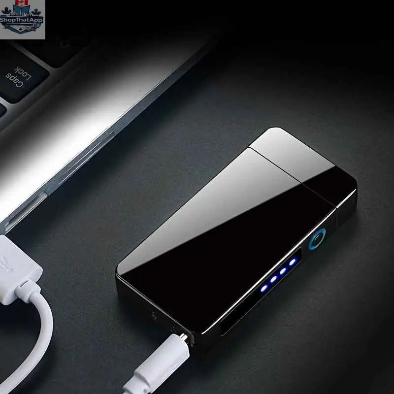 777tech plasma rechargeable lighter with metal body, double arc flameless electric ignition, LED display and touch sensor.