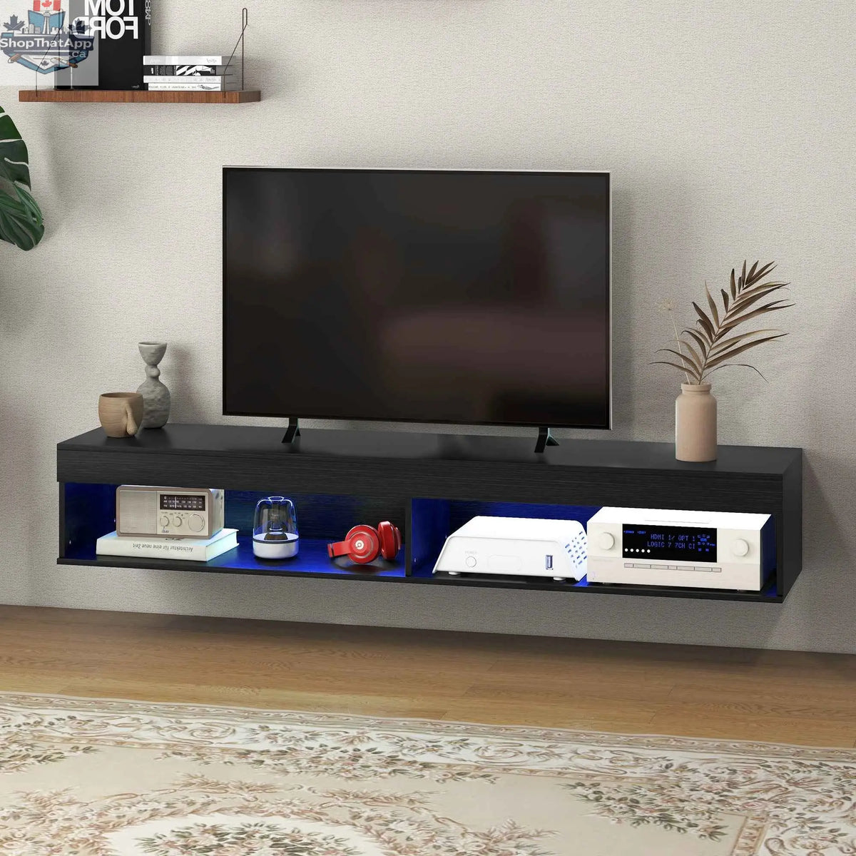 Black Lane modern wall-mounted TV stand with storage and LED lights by SLOTH Nation, featuring a sleek design for living room decor.