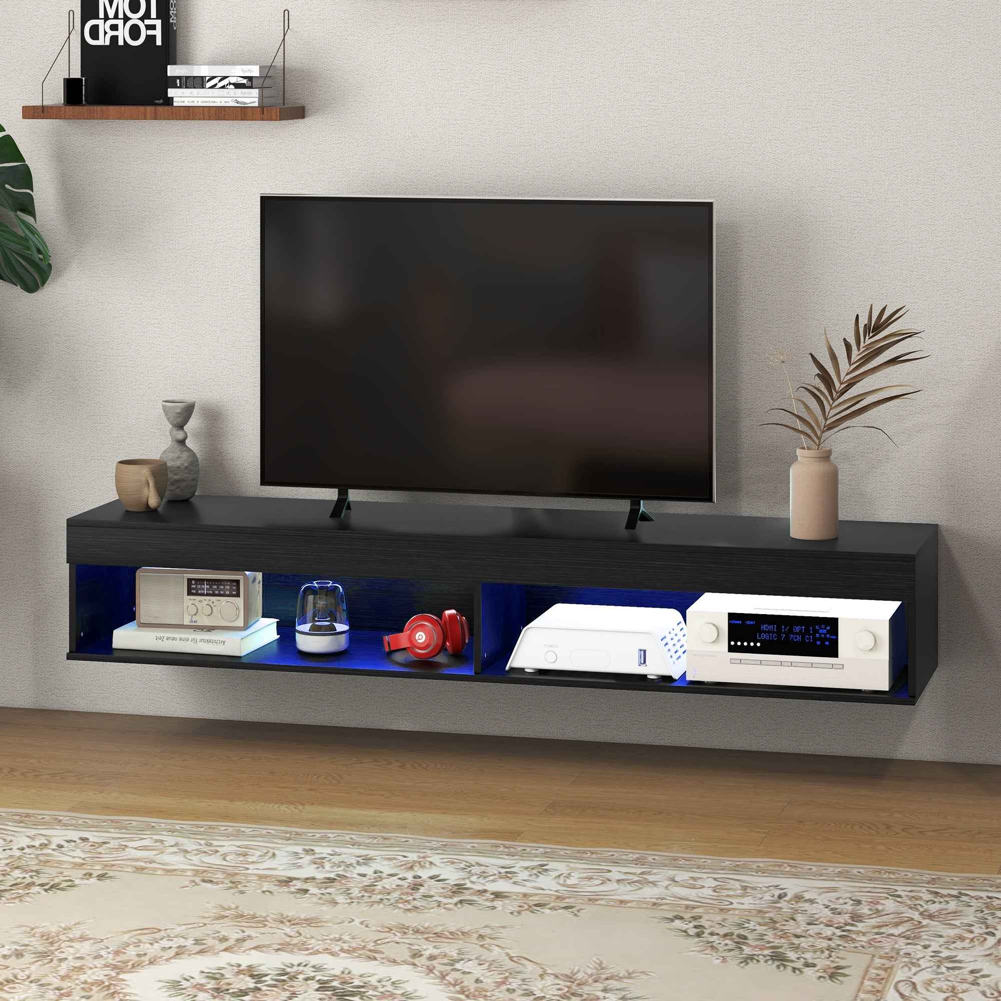 Lane Modern Wall Mounted TV Stand with Storage and LED Lights-Black