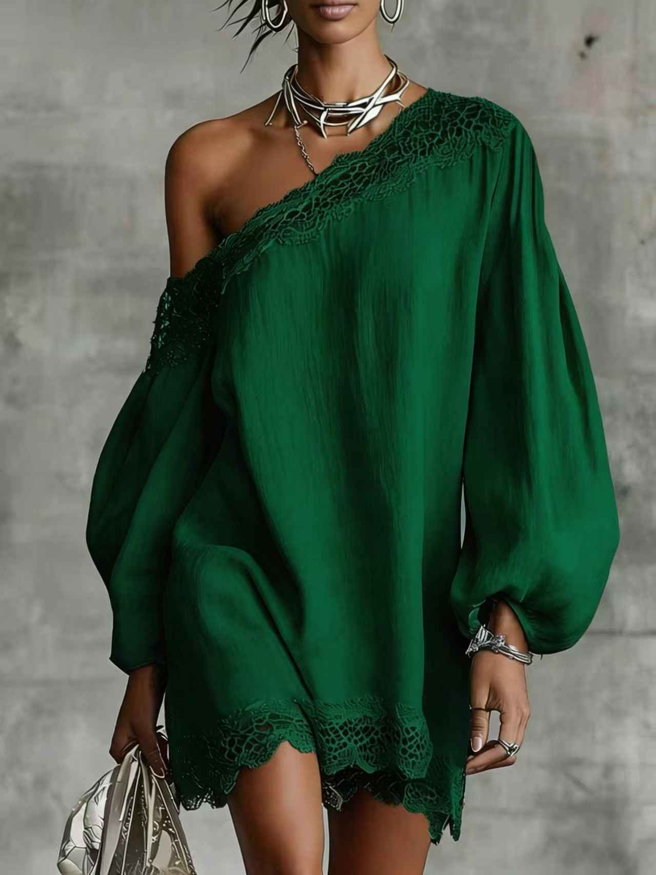 Women's Off-Shoulder Long Sleeve Mini Dress | Lace Trim Dress