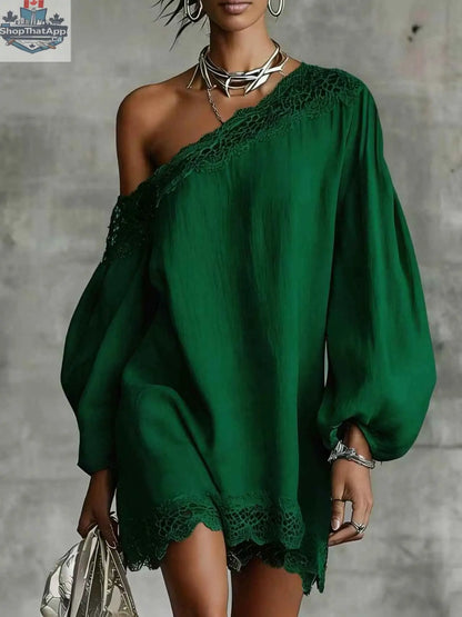 Women's Off-Shoulder Long Sleeve Mini Dress | Lace Trim Dress - Shopthatapp.ca