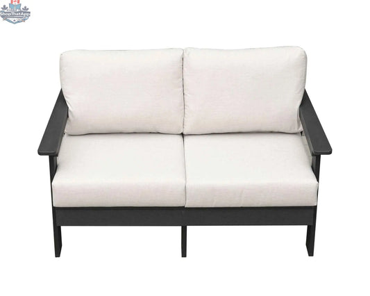 Krikacy hazelnut polymer loveseat with Sunbrella® cushions, featuring a cozy seating area and durable outdoor design.