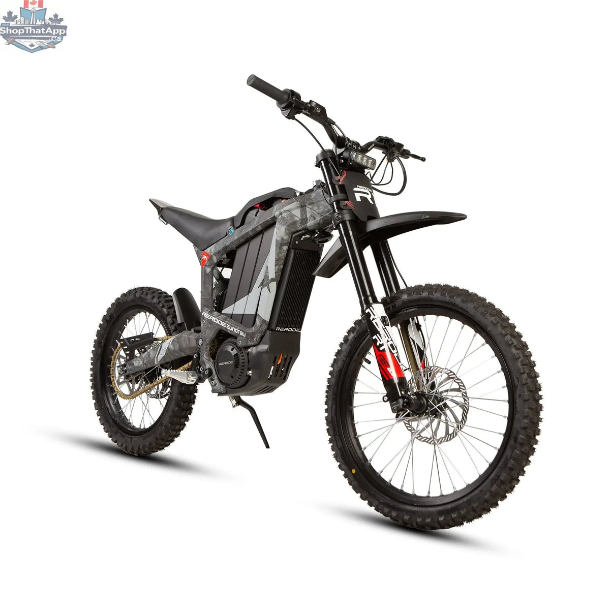 E-Vélo EUNORAU Quebec EKIDS16 1.0 R1 kids' e-dirt bike with black frame, colorful accents, and rugged tires for outdoor fun.