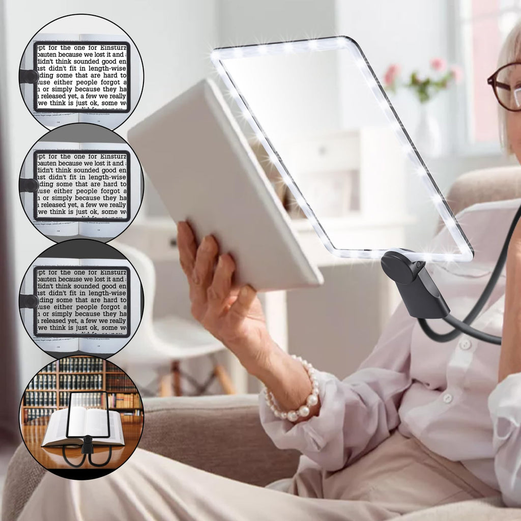 Large Hands Free Magnifying Glass  for ReadingFull Book Page Magnifier with Flexible-Tube Stand and 50 Ultra-Bright Led Lights for Seniors Repair Sewing Newspaper Computer Phone Laptop