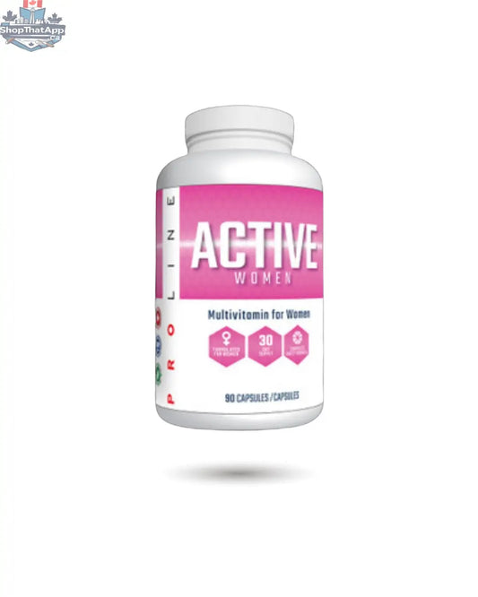 Bottle of Proline Active Women multivitamin supplement by BulkBully Supplements, with colorful tablets inside.