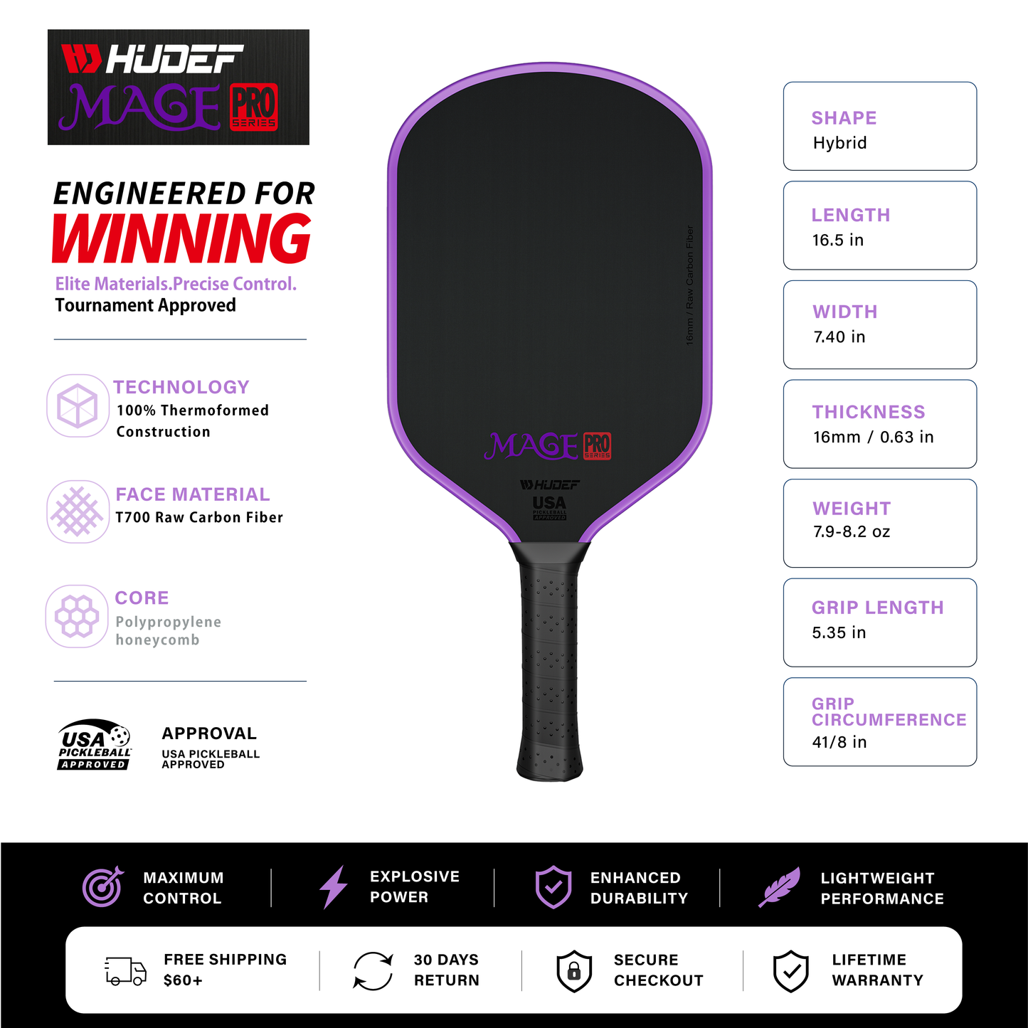 Hudef Mage Pro™ Gen 1 Hybrid Pickleball Paddle (Carbon Fiber) - Shopthatapp.ca