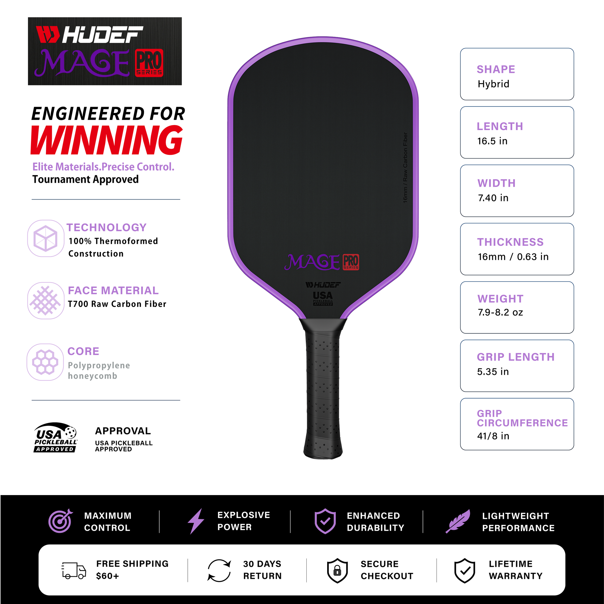Hudef Mage Pro™ Gen 1 Hybrid Pickleball Paddle (Carbon Fiber) - Shopthatapp.ca