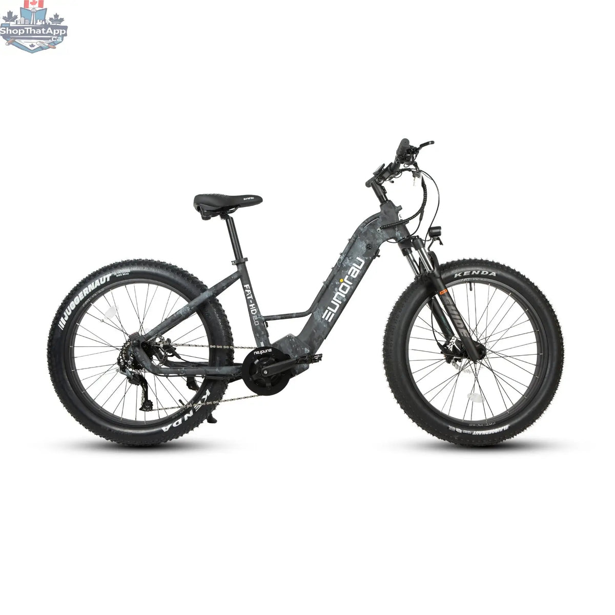 E-Vélo EUNORAU QUEBEC FAT-HD 2.0 Hunter X7 electric bicycle with rugged tires and sleek frame for versatile outdoor riding.