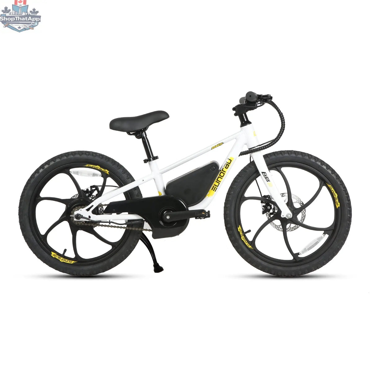 E-Vélo EUNORAU QUEBEC EKIDS20 1.0 electric bicycle with sleek frame and handlebars, ready for riding.