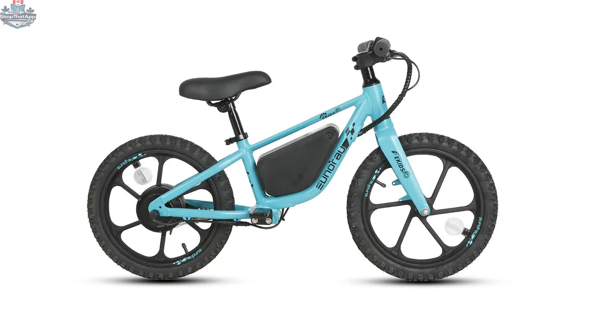 E-Vélo EUNORAU QUEBEC EKIDS16 1.0 electric bicycle with black frame and modern design, equipped with handlebars and wheels.