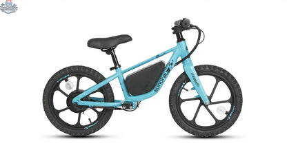 E-Vélo EUNORAU QUEBEC EKIDS16 1.0 electric bicycle with black frame and modern design, equipped with handlebars and wheels.
