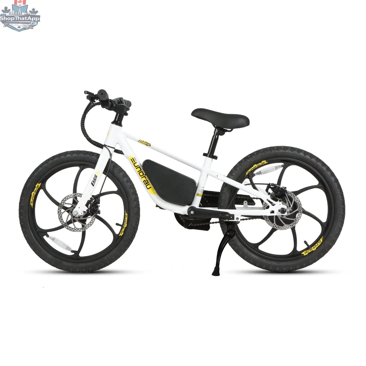 E-Vélo EUNORAU QUEBEC EKIDS20 1.0 electric bicycle with sleek frame and 20-inch wheels, ideal for urban commuting.
