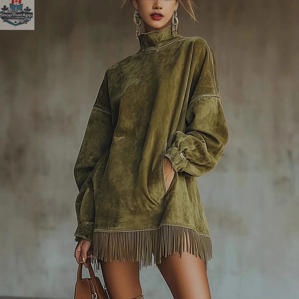 Women's Loose Tassel Suede Dress - Long Sleeve Pocket Dress - Shopthatapp.ca