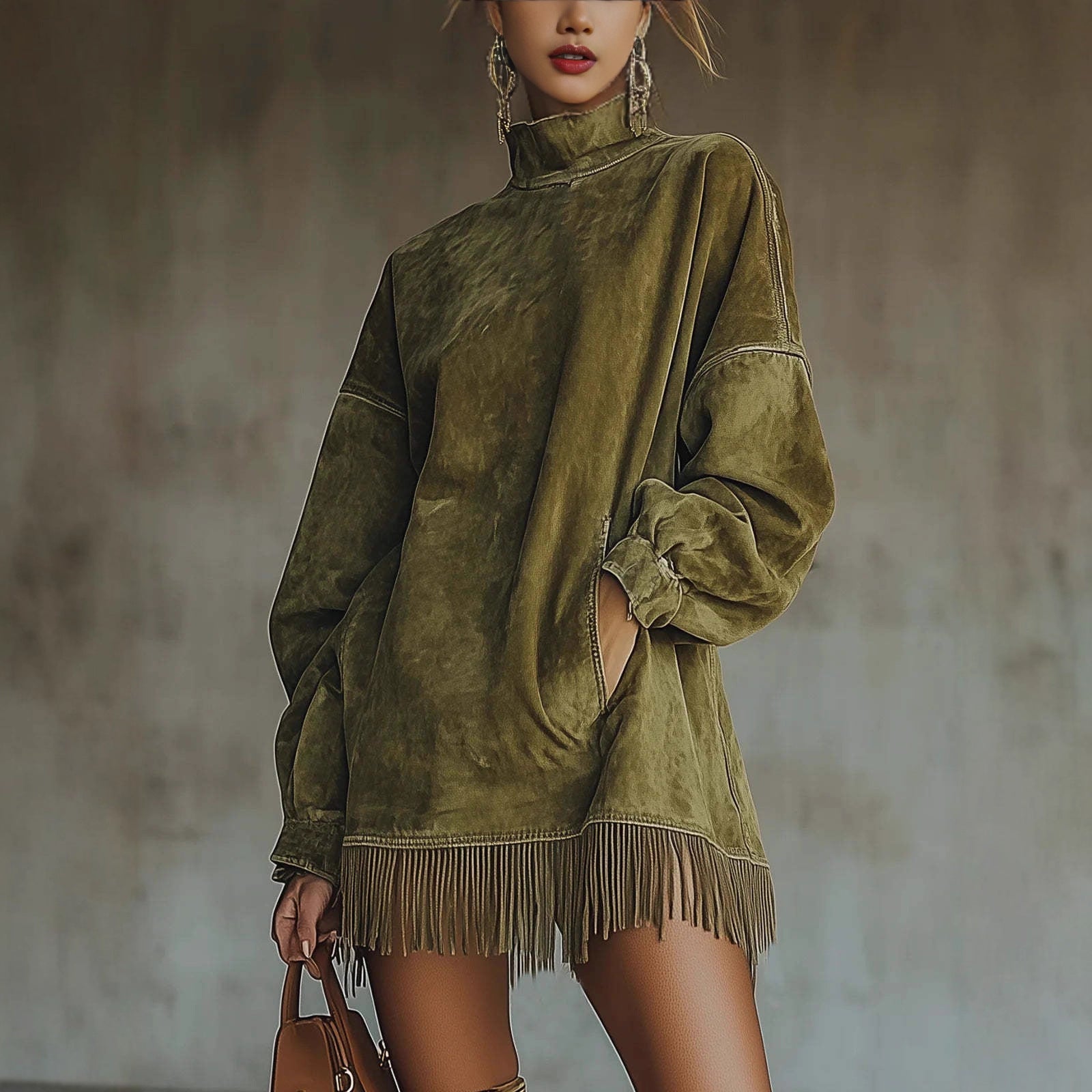 Women's Loose Tassel Suede Dress - Long Sleeve Pocket Dress