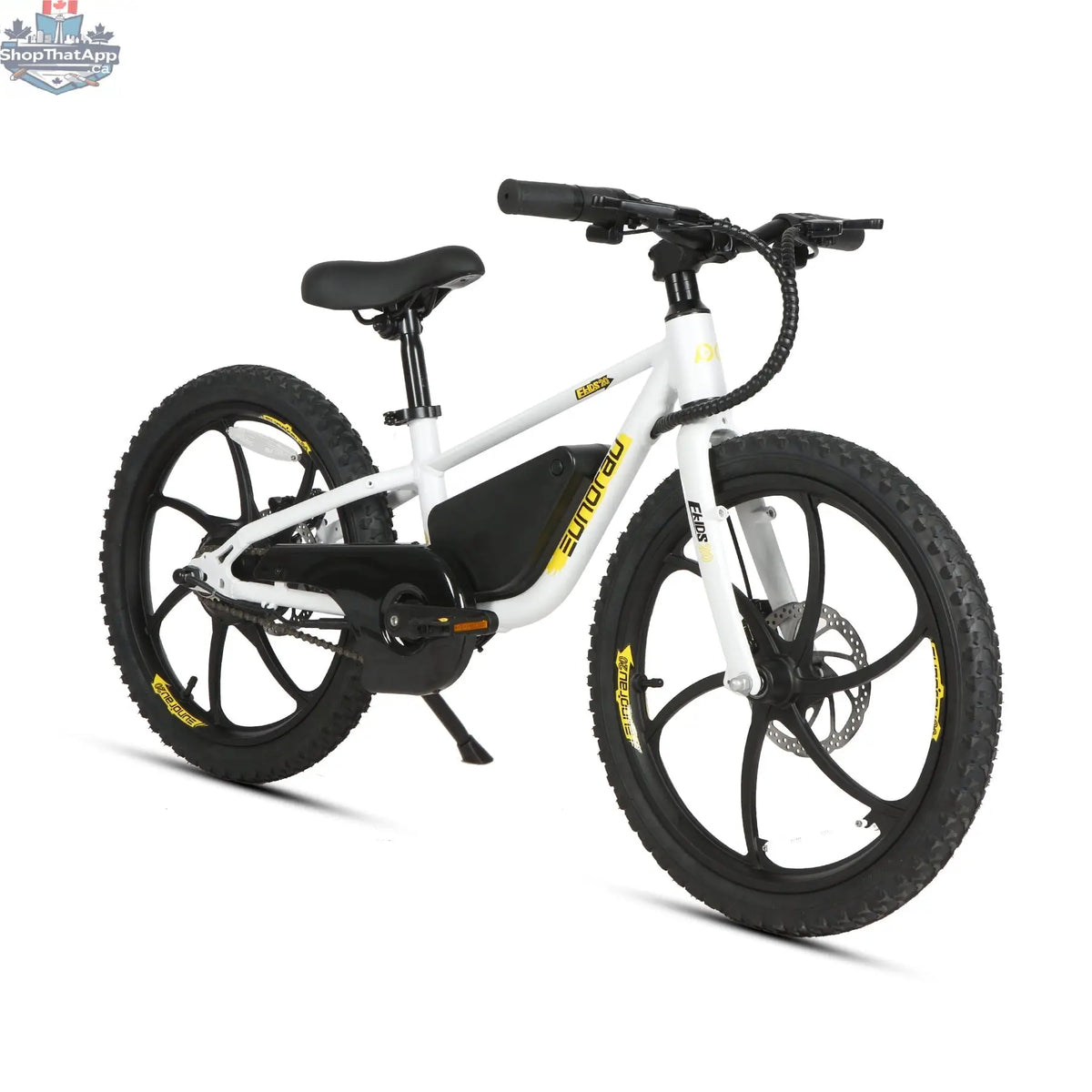 E-Vélo EUNORAU QUEBEC EKIDS20 1.0 electric bicycle with sleek frame and handlebars, ready for urban commuting.