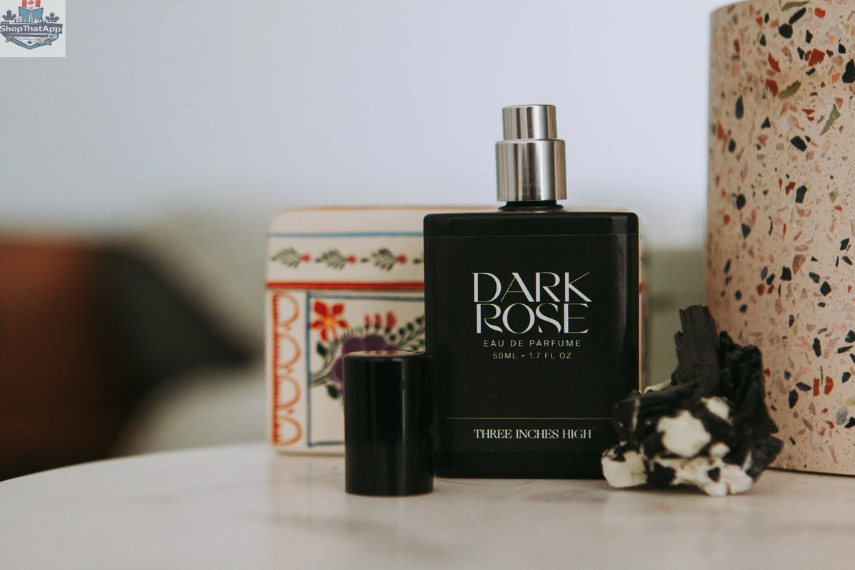 Dark Rose Eau de Parfum by Three Inches High, featuring a mystical floral fragrance with deep rose notes and elegant packaging.