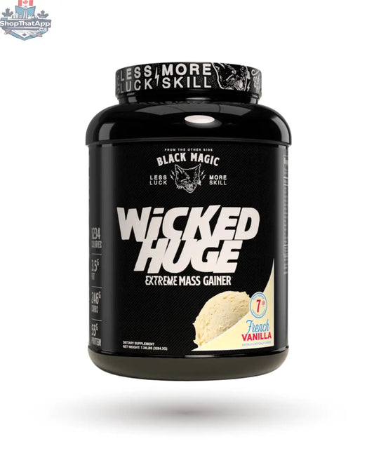 Black Magic Extreme Mass Gainer protein powder by BulkBully Supplements in a black container with a scoop and nutritional label.