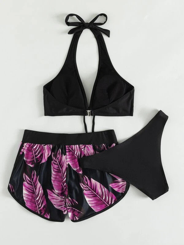 3pcs Leaf Print Bikini Swimsuit with Shorts for Women - Fashionable Summer Beach Outfit - Shopthatapp.ca