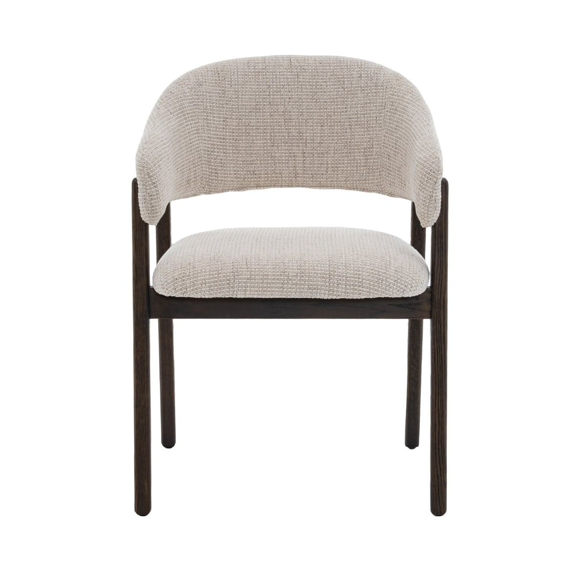 Beige upholstered Fiol dining chair with dirty oak wood frame by Hygge Design House, showcasing a modern, elegant seating option.