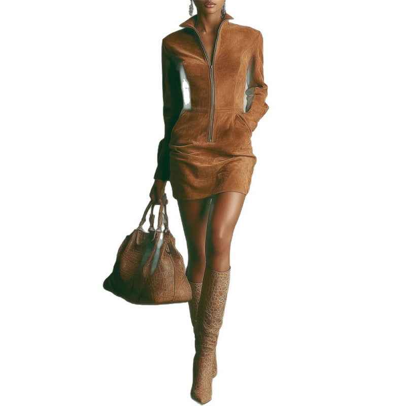 Women's Deerskin Velvet Zipper Dress - Long Sleeve Mini Dress