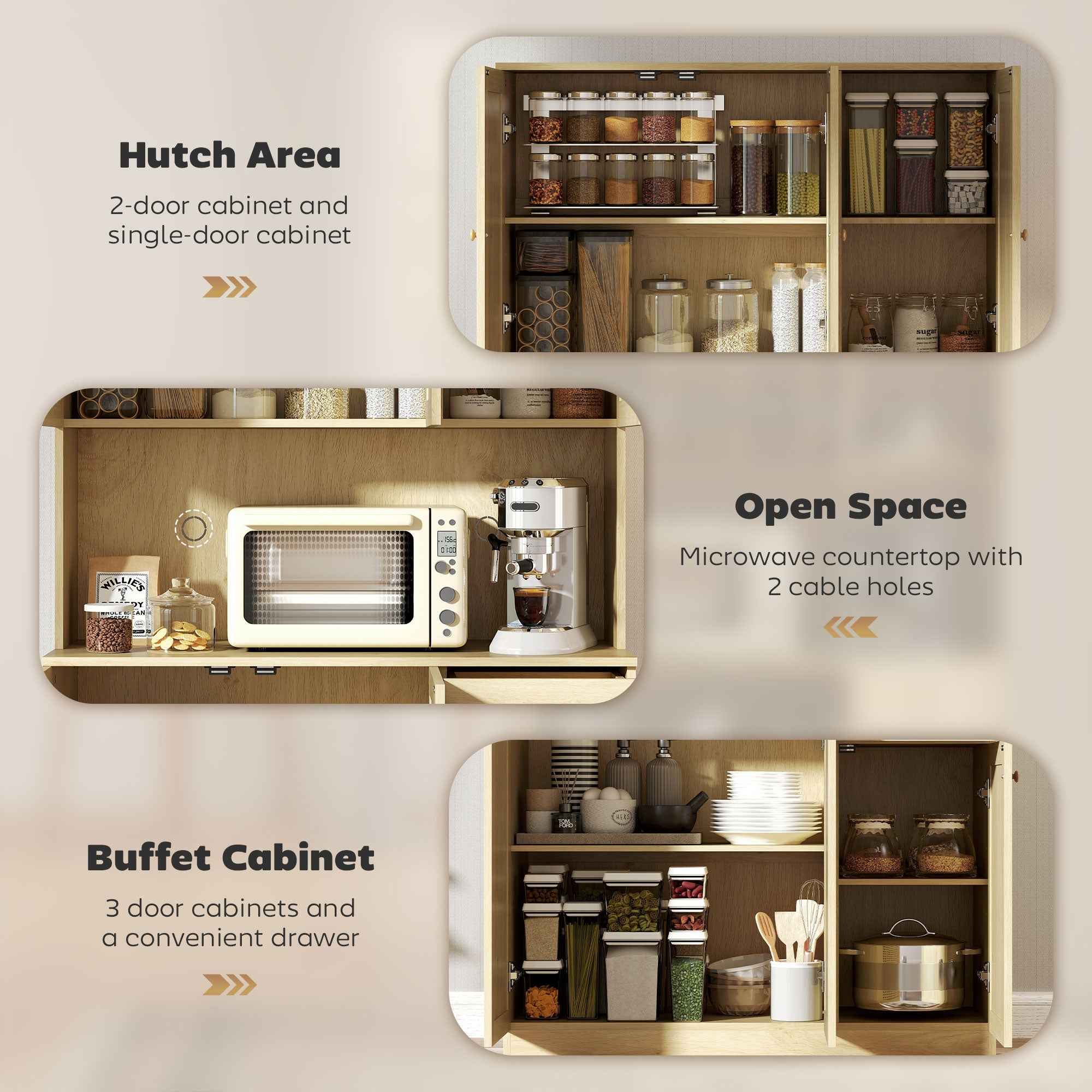 Milan Boho Kitchen Pantry Cabinet with Decorative Rattan Doors-Natural