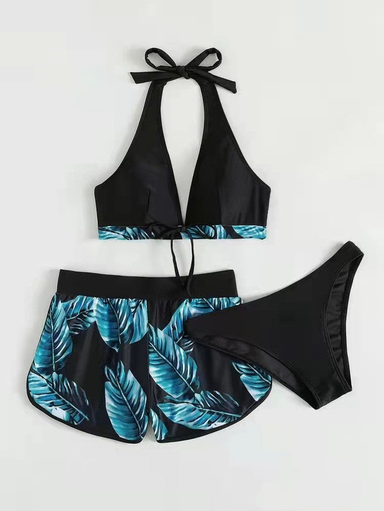 3pcs Leaf Print Bikini Swimsuit with Shorts for Women - Fashionable Summer Beach Outfit - Shopthatapp.ca