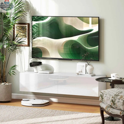 White Hunter floating TV stand with storage cupboards, designed for TVs up to 65 inches, by SLOTH Nation.