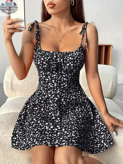 Floral Print Dress Summer Sweet A- Line Waist Trimming Dresses Women's Slimming Casual Clothing - Shopthatapp.ca