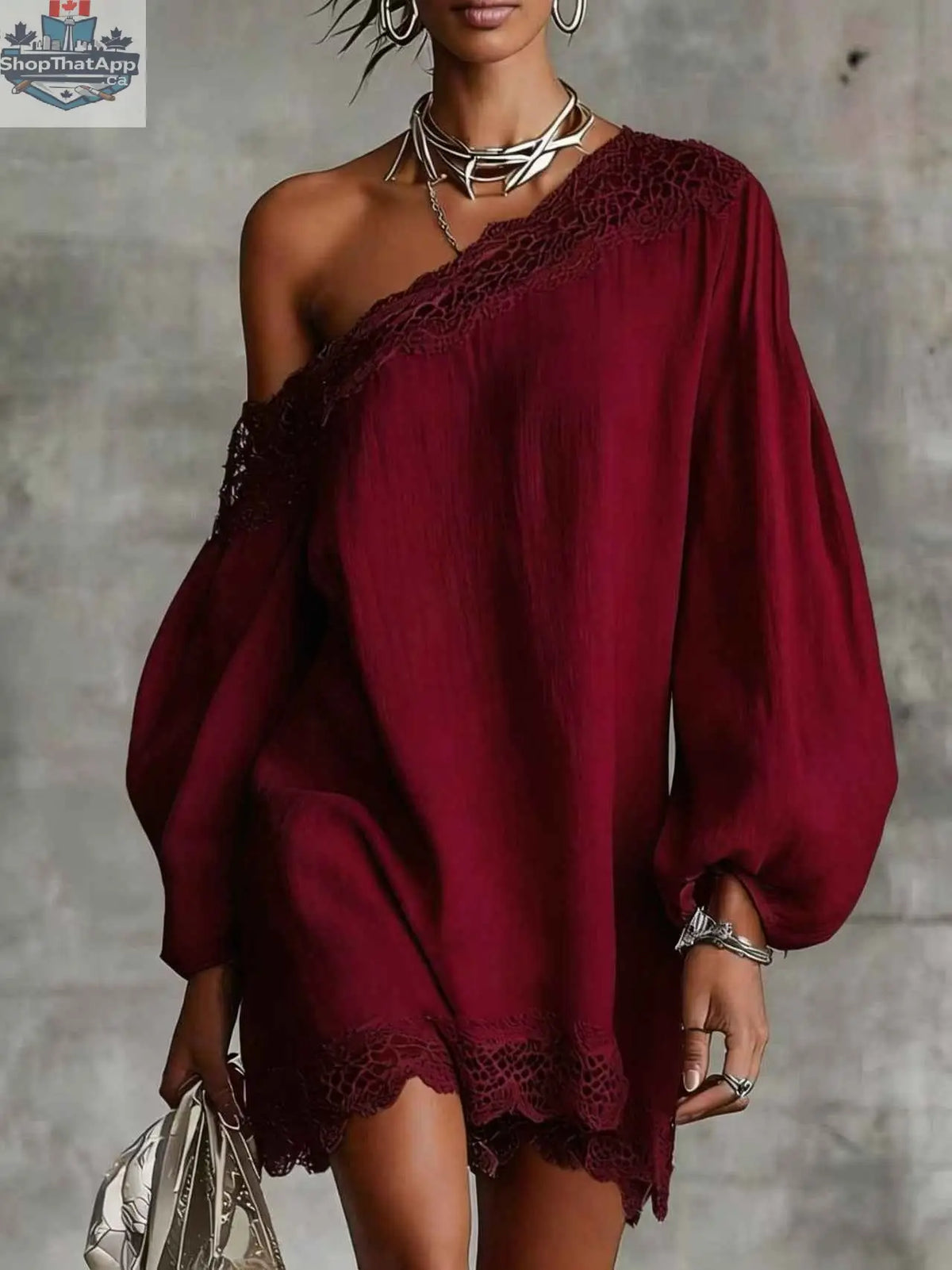 Women's Off-Shoulder Long Sleeve Mini Dress | Lace Trim Dress - Shopthatapp.ca