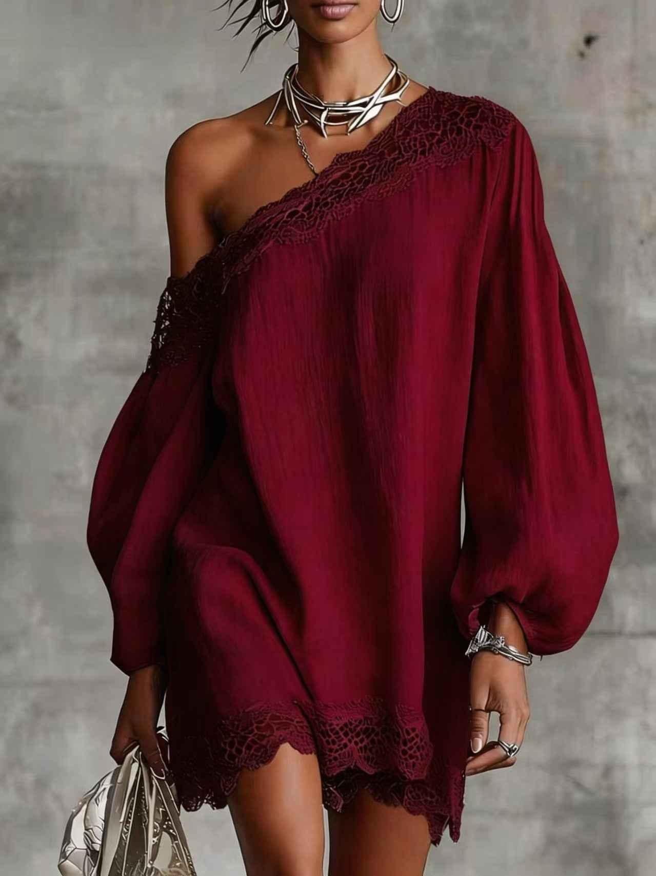 Women's Off-Shoulder Long Sleeve Mini Dress | Lace Trim Dress