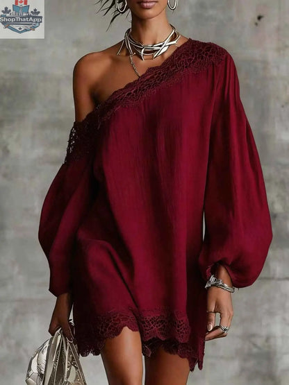 Women's Off-Shoulder Long Sleeve Mini Dress | Lace Trim Dress - Shopthatapp.ca