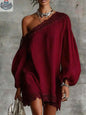 Women's Off-Shoulder Long Sleeve Mini Dress | Lace Trim Dress - Shopthatapp.ca
