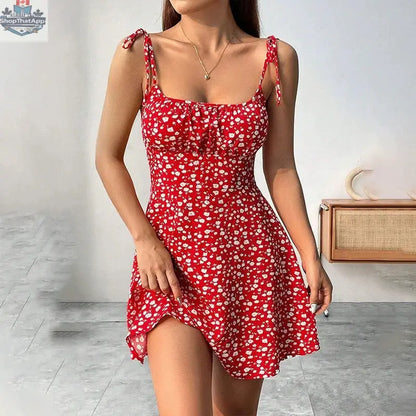 Floral Print Dress Summer Sweet A- Line Waist Trimming Dresses Women's Slimming Casual Clothing - Shopthatapp.ca
