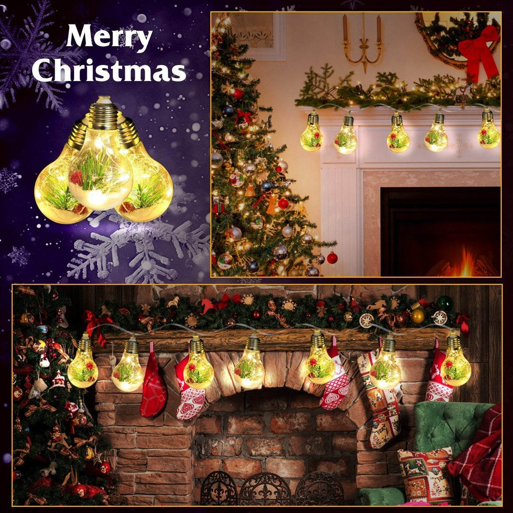 1Pc 13.78FT Christmas Snow Globe String Light Battery Powered 10 LED Bulbs Indoor Christmas Lights With Pine Needles Snowflakes Berries