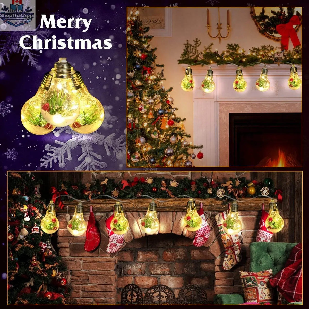 13.78FT Christmas snow globe string lights with 10 LED bulbs, pine needles, snowflakes, berries, battery-powered indoor holiday decor