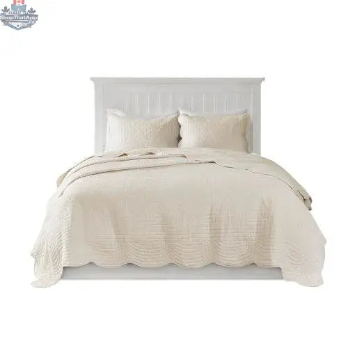 Reversible scalloped edge quilt set with matching comforter and pillow shams, soft bedding from EX-STOCK Canada.
