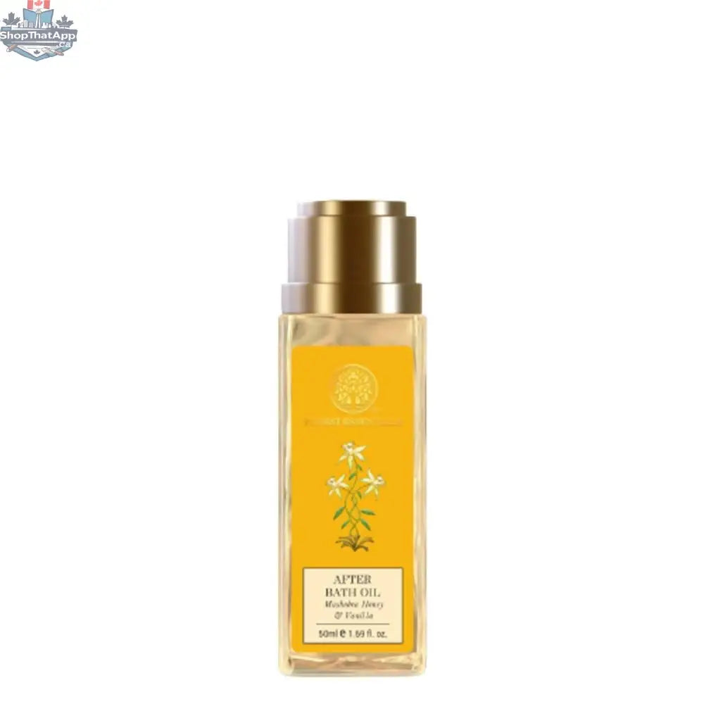 Forest Essentials after bath oil with mashobra honey and vanilla in a glass bottle, showing the oil and natural ingredients.